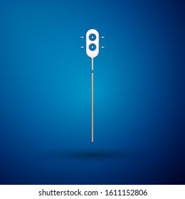 Silver Medieval chained mace ball icon isolated on blue background. Medieval weapon.  Vector Illustration