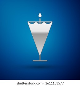 Silver Medieval flag icon isolated on blue background. Country, state, or territory ruled by a king or queen.  Vector Illustration