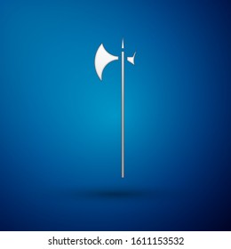 Silver Medieval halberd icon isolated on blue background. Medieval weapon.  Vector Illustration
