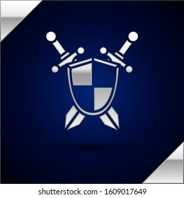Silver Medieval shield with crossed swords icon isolated on dark blue background.  Vector Illustration