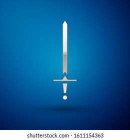 Silver Medieval sword icon isolated on blue background. Medieval weapon.  Vector Illustration