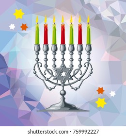 Silver menorah on a mosaic background. Vector clip art.