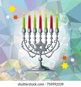 Silver menorah on a mosaic background. Vector clip art.
