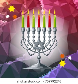 Silver menorah on a mosaic background. Vector clip art.