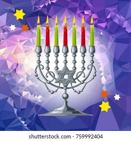 Silver menorah on a mosaic background. Vector clip art.