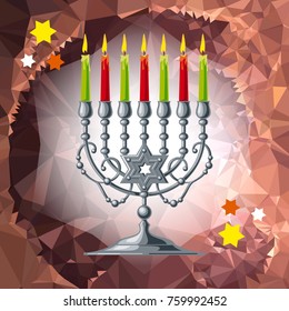 Silver menorah on a mosaic background. Vector clip art.