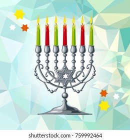 Silver menorah on a mosaic background. Vector clip art.