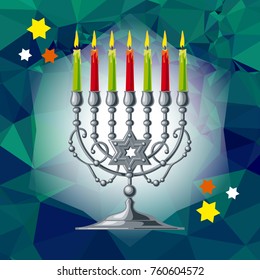 Silver menorah on a mosaic background. Vector clip art.