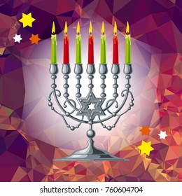 Silver menorah on a mosaic background. Vector clip art.