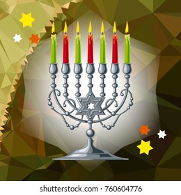 Silver menorah on a mosaic background. Vector clip art.