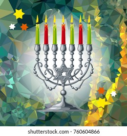 Silver menorah on a mosaic background. Vector clip art.