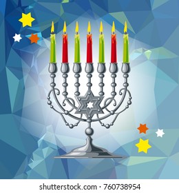 Silver menorah on a mosaic background. Vector clip art.