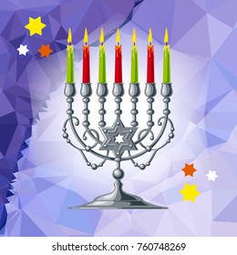 Silver menorah on a mosaic background. Vector clip art.
