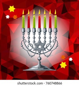 Silver menorah on a mosaic background. Vector clip art.