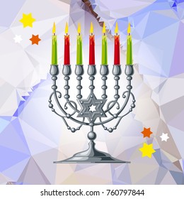 Silver menorah on a mosaic background. Vector clip art.