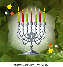 Silver menorah on a mosaic background. Vector clip art.