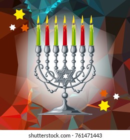 Silver menorah on a mosaic background. Vector clip art.