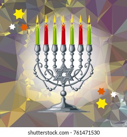 Silver menorah on a mosaic background. Vector clip art.
