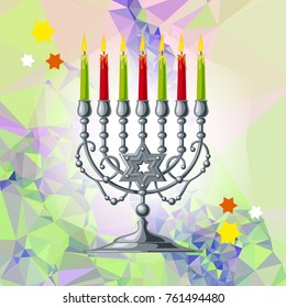 Silver menorah on a mosaic background. Vector clip art.