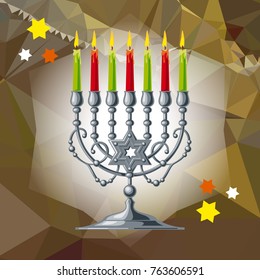 Silver menorah on a mosaic background. Vector clip art.
