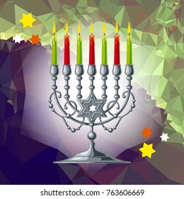 Silver menorah on a mosaic background. Vector clip art.