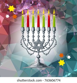Silver menorah on a mosaic background. Vector clip art.