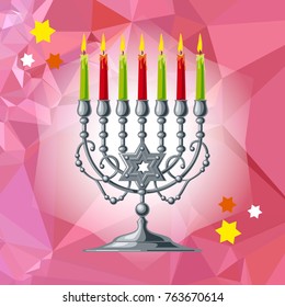 Silver menorah on a mosaic background. Vector clip art.