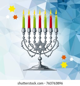 Silver menorah on a mosaic background. Vector clip art.