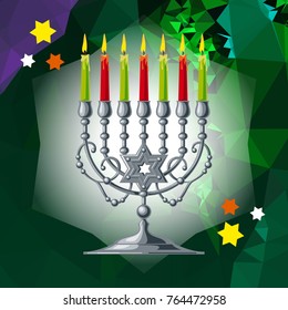 Silver menorah on a mosaic background. Vector clip art.