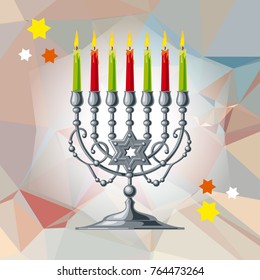 Silver menorah on a mosaic background. Vector clip art.