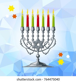 Silver menorah on a mosaic background. Vector clip art.