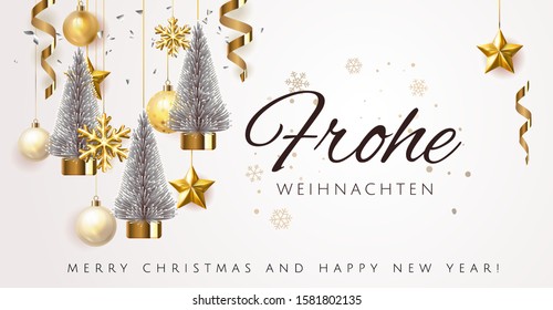 Silver Merry Christmas  balls light white background. Festive Xmas decoration gold glass Christmas balls and glossy snowflake, stars, fir tree, stars. Vector illustration banner design template EPS 10