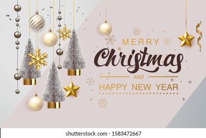 Silver Merry Christmas  balls light white background. Festive Xmas decoration gold glass Christmas balls and glossy snowflake, stars, fir tree, stars. Vector illustration banner design template EPS 10
