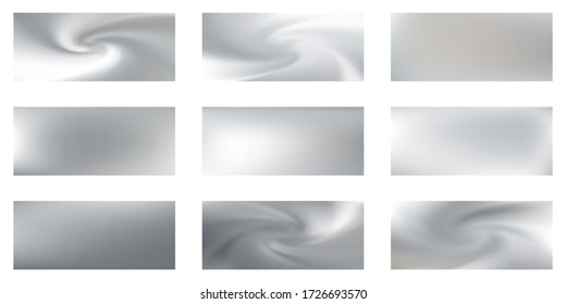 Silver mesh gradients vector collection. Chrome foil glossy blurred backgrounds set. Metallic silk texture silver gradients abstract graphic design for web, sale ads. Shiny metal badges.