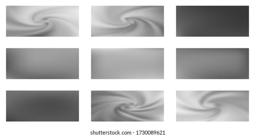 Silver mesh gradients vector collection. Chrome foil glossy blurred backgrounds set. Metallic silk texture silver gradients abstract graphic design for web, sale ads. Shiny metal badges.