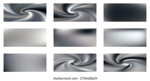 Colección vectorial de gradientes de malla plateada. Montaje cromado de fondo borroso y brillante. Gradientes de plata de textura de seda metálica diseño gráfico abstracto para web, anuncios de venta. Señales de metal brillante.