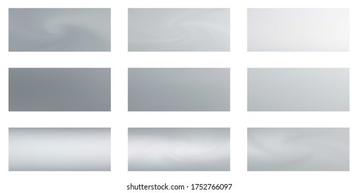 Silver mesh gradients vector collection. Chrome foil glossy blurred backgrounds set. Metallic silk texture silver gradients abstract graphic design for web, sale ads. Shiny metal badges.