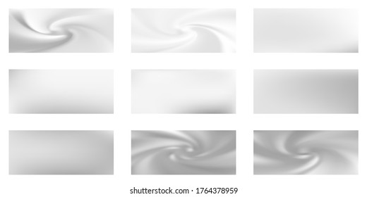 Silver mesh gradients vector collection. Chrome foil glossy blurred backgrounds set. Metallic silk texture silver gradients abstract graphic design for web, sale ads. Shiny metal badges.