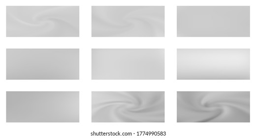 Silver mesh gradients vector collection. Chrome foil glossy blurred backgrounds set. Metallic silk texture silver gradients abstract graphic design for web, sale ads. Shiny metal badges.