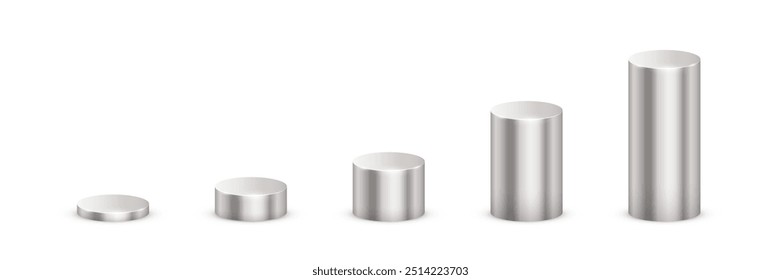 Conjunto de ilustração de vetor de cilindro 3d de metal prata. Pódios de pedestal de aço realistas de forma geométrica circular suportam com perspectiva, plataforma circular em branco ou palco para produto, gráfico de diagrama.