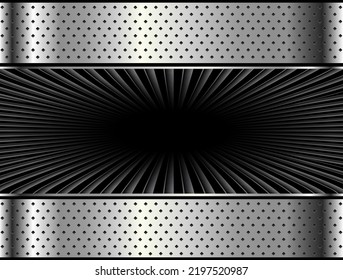 Fondo de metal plateado con agujero negro 3D en el interior, diseño de ráfagas de patrón rayado, ilustración vectorial.