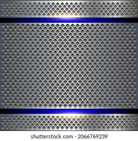Silver metal background with perforated pattern, sheet metal texture with holes, vector technology illustration.