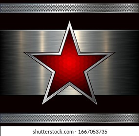 Silver metal background with red star inside, vector abstract illustration.