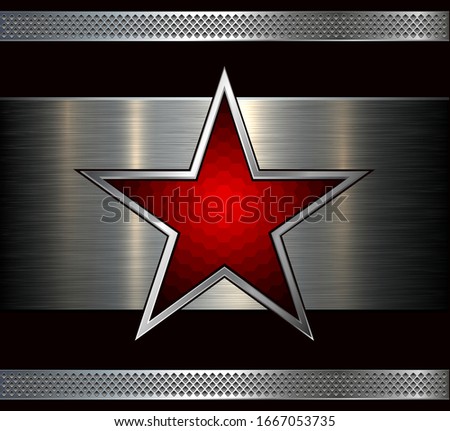 Silver metal background with red star inside, vector abstract illustration.