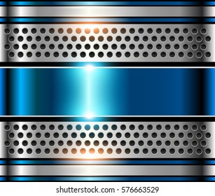 Silver metal background, shiny blue metallic chrome plate.