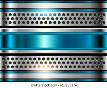 Silver metal background, shiny blue metallic chrome plate.