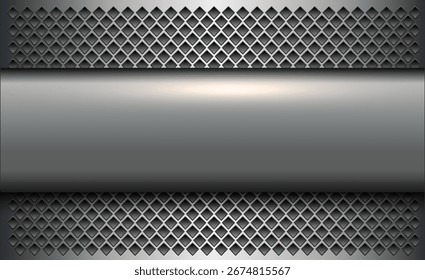 Silberner Metallhintergrund mit glänzend grauem Banner, Technologie glänzend chrom metallic mit gepunktetem Muster, 3D-Vektorgrafik.