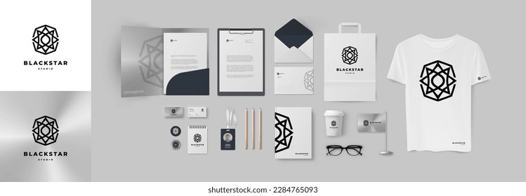 Silver metal and black star logo corporate identity in minimal geometric style. Stationery branding design for modern jewelry or clothes company. Triangle and hexagon black star on glitter background