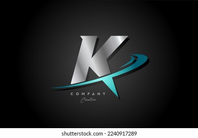 silver metal blue K alphabet letter logo icon design with swoosh. Creative template for business and company