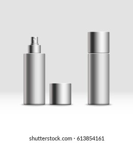 Silver metal bottle with sprayer cap for cosmetic, perfume or deodorant. Vector illustration